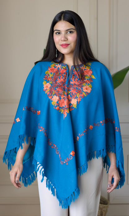 Sky Blue Aari Embroidered Fine Cashmilon Poncho