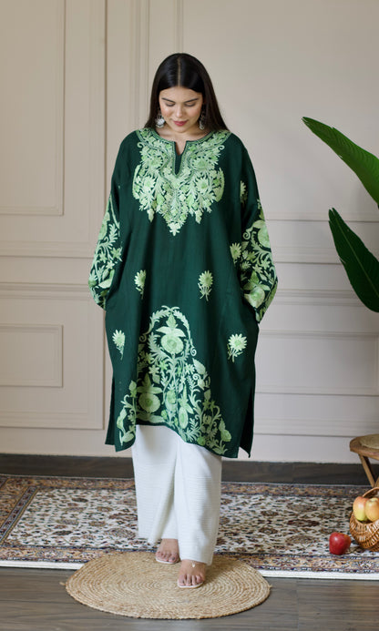 Dark Green Aari Embroidered Wool Pheran