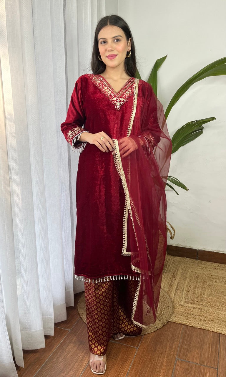 Wine Velvet Suit with Flowing Dupatta