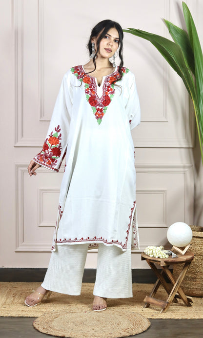 Crimson Bloom White Aari Embroidered Fine Cashmilon Pheran