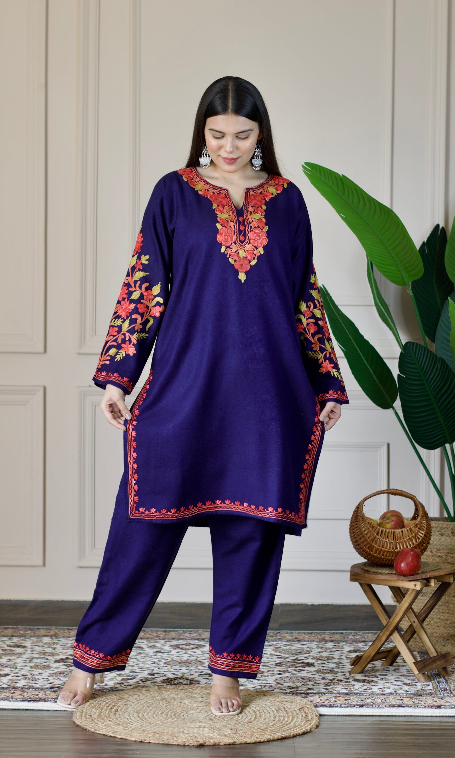 Navy Blue Kashmiri Aari Woollen Co-ord Set - Scarlet Charm