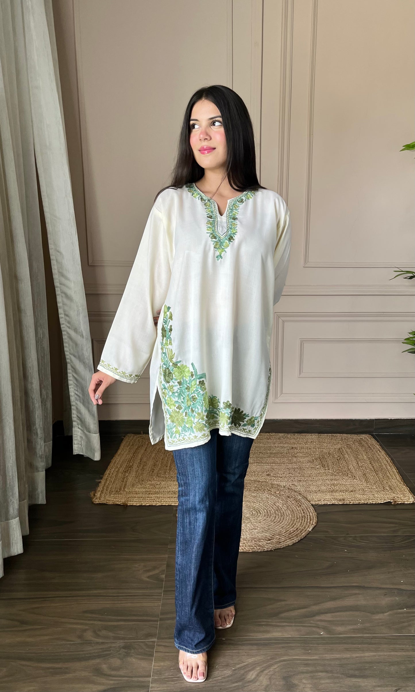 Green Aari Embroidered Off White Short Kurti