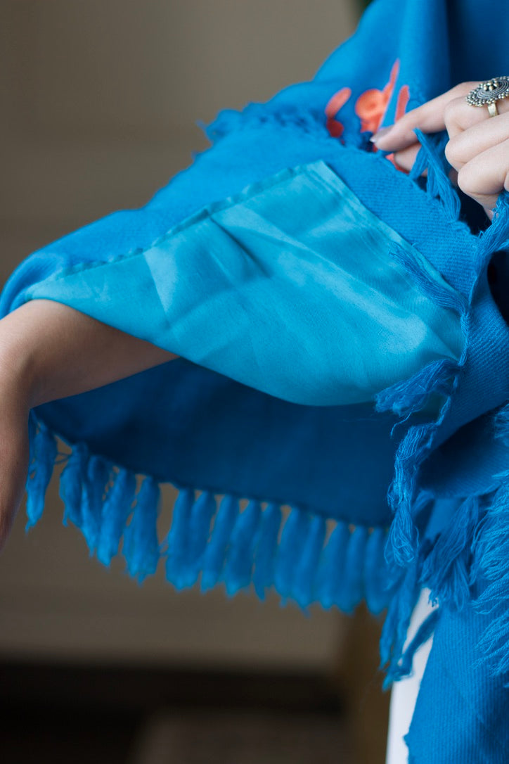 Sky Blue Aari Embroidered Fine Cashmilon Poncho