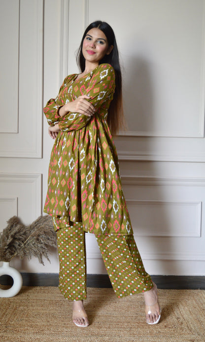 Olive Green Printed Flared Kurta with Pants