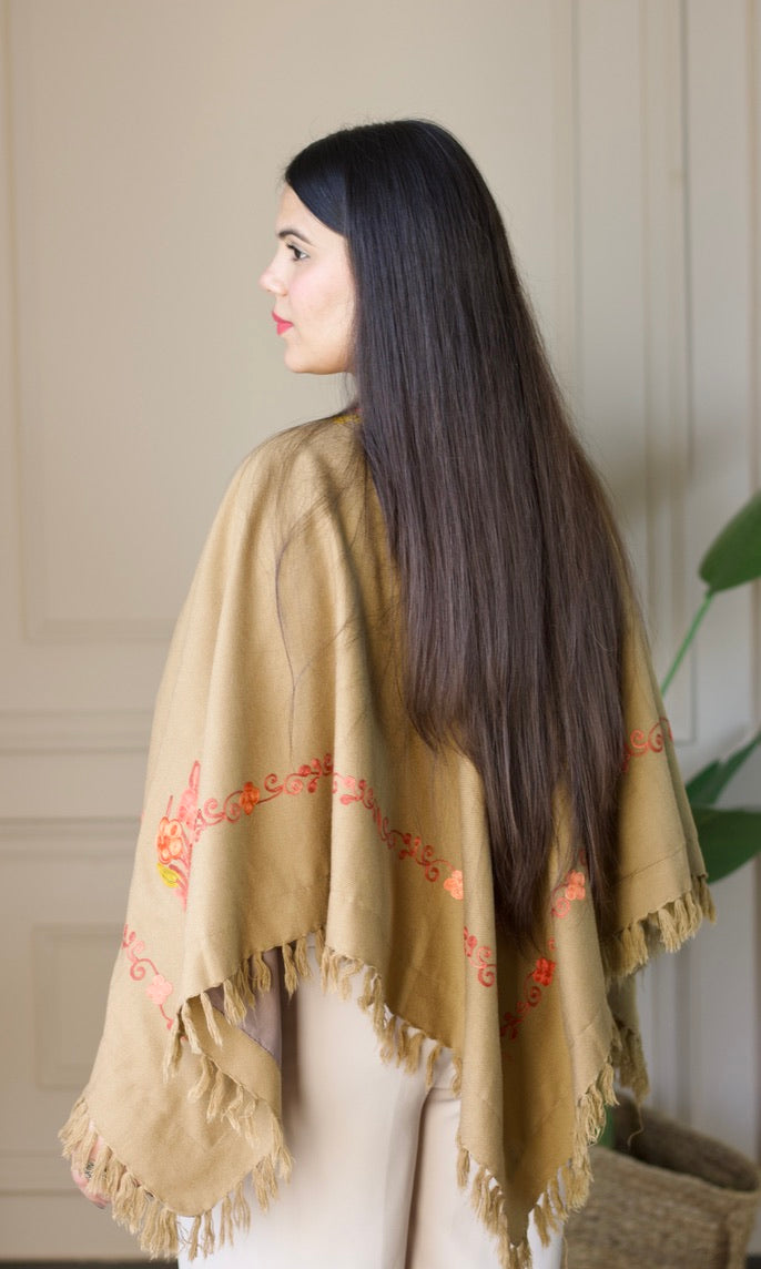 Light Brown Aari Embroidered Fine Cashmilon Poncho