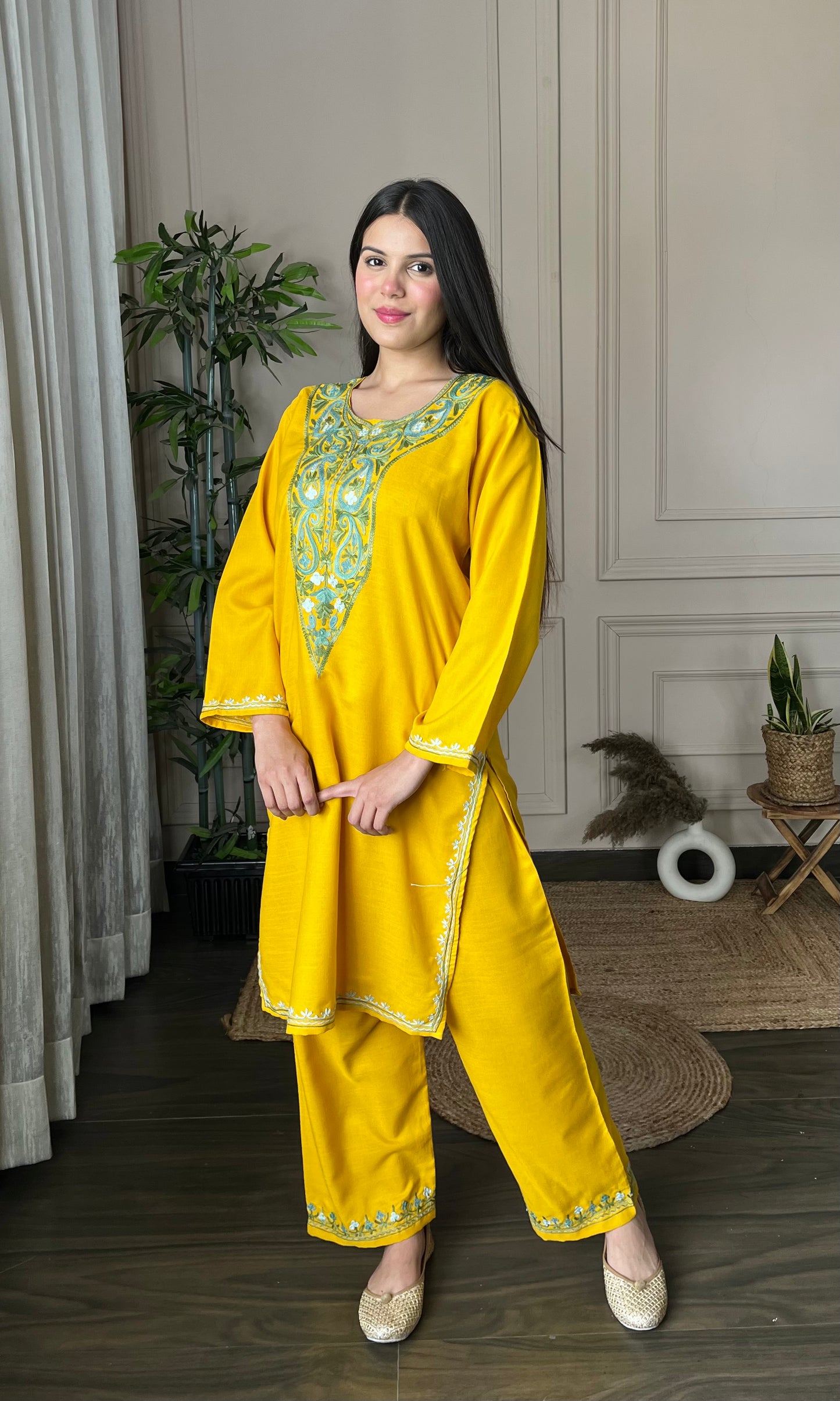 Mustard Aari Embroidered Cotton Co-ord Set