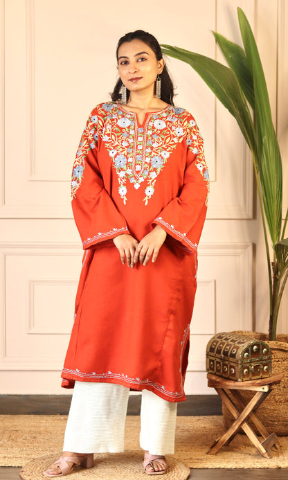 Crimson Red Aari Embroidered Fine Cashmilon Pheran