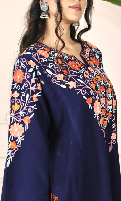 Navy Blue Aari Embroidered Fine Cashmilon Pheran