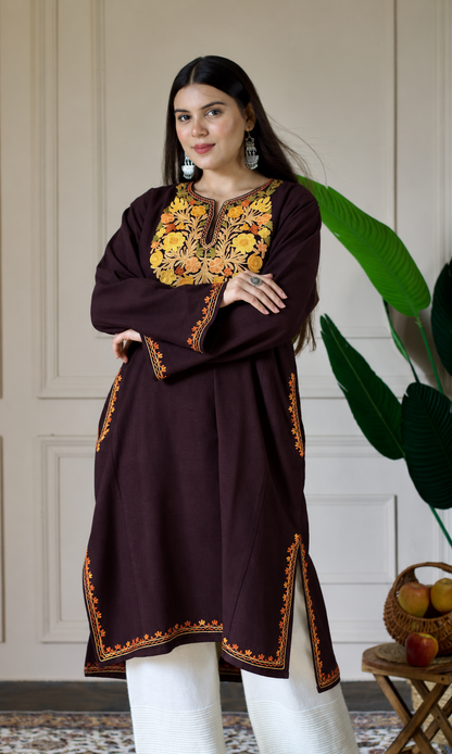 Deep Wine Saffron Ember Aari Embroidered Fine Cashmilon Pheran