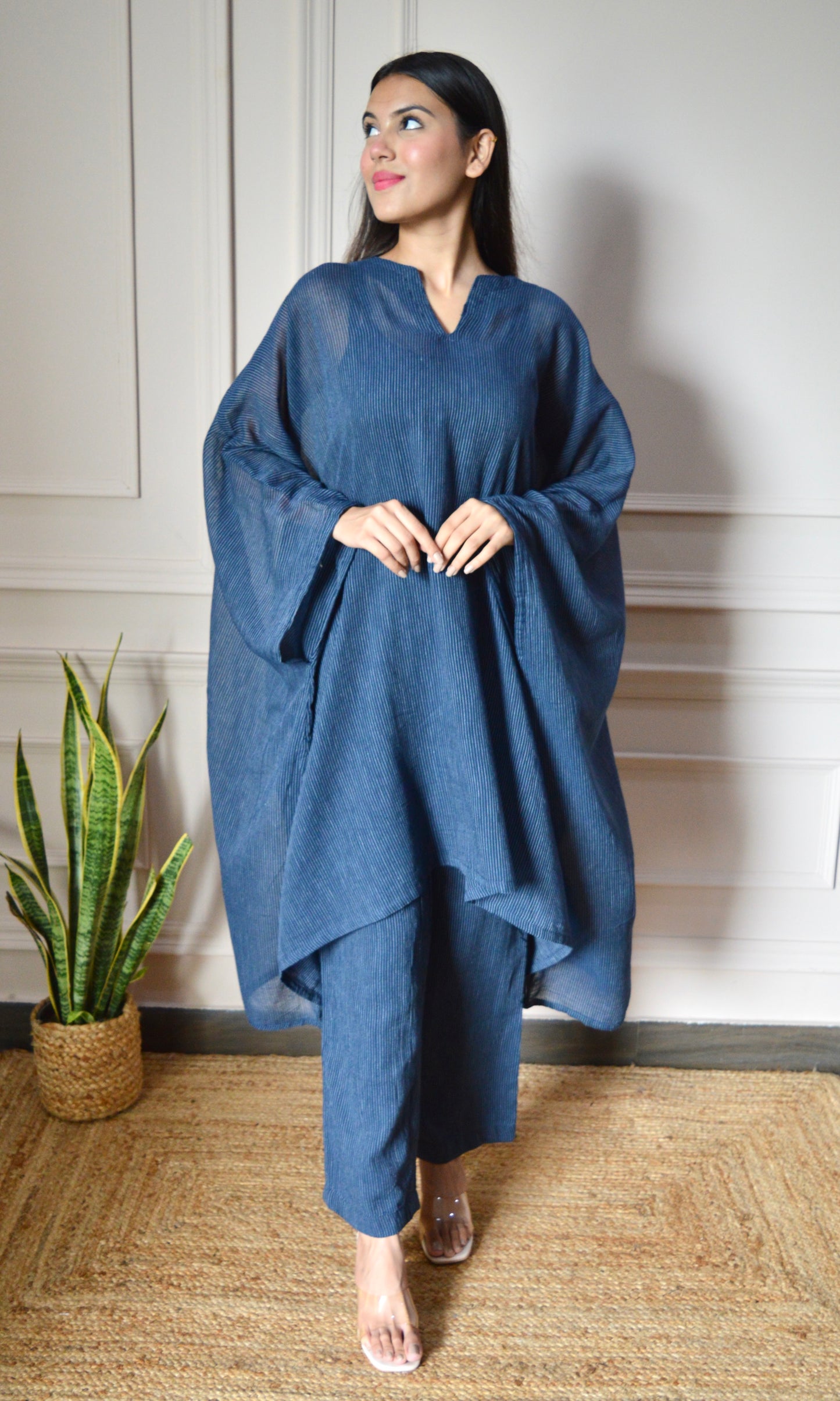 Navy Blue Lining Kaftan Kurta with Pants