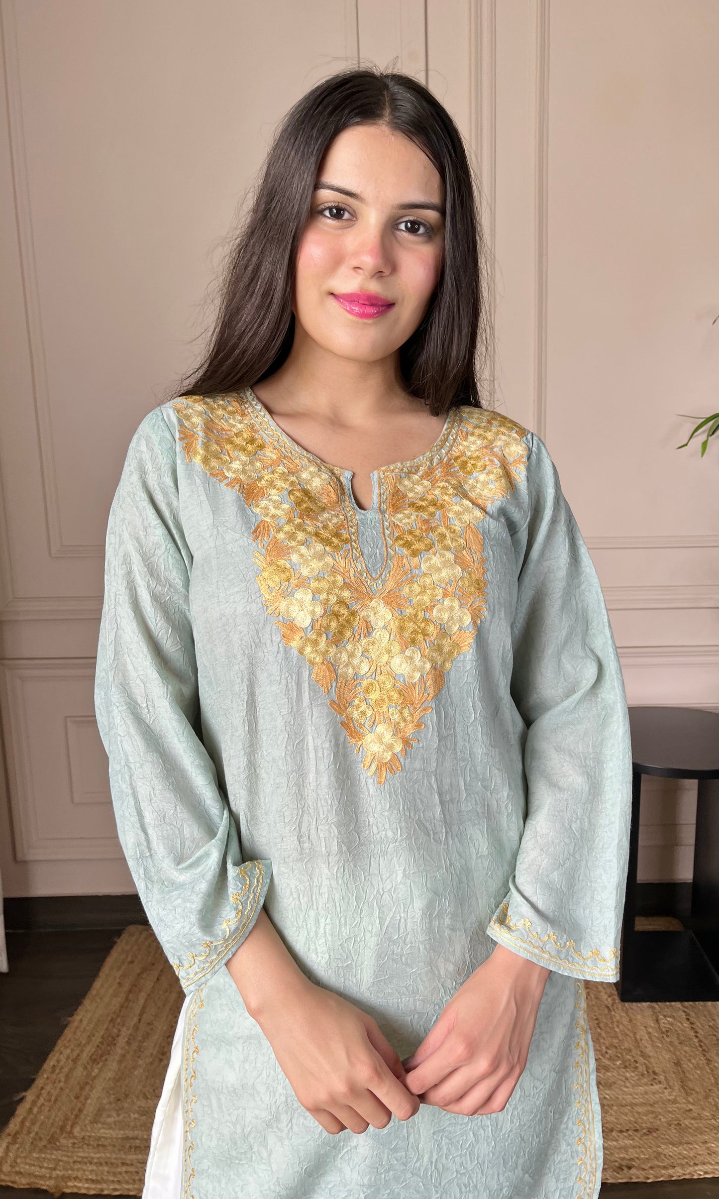 Light sea green Aari Embroidered Crushed Cotton Kurti