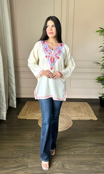 Off White Short Kurti with Vibrant Aari Embroidery