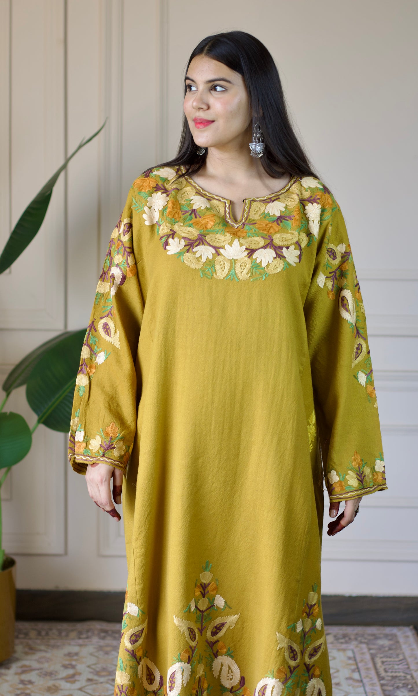 Mustard Aari Embroidered Wool Pheran