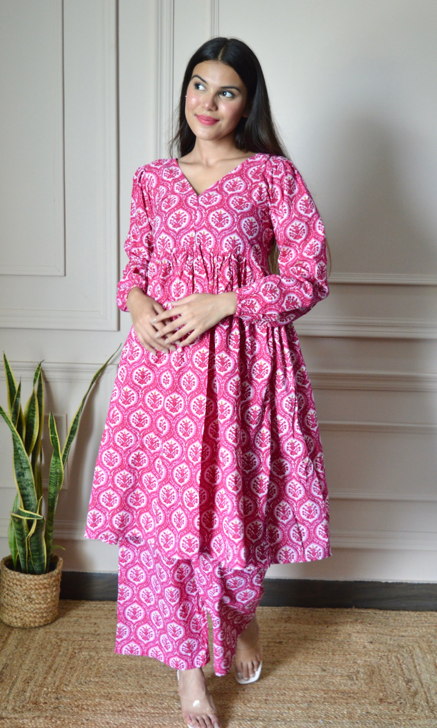 Pink Printed Flared Kurta with Pants