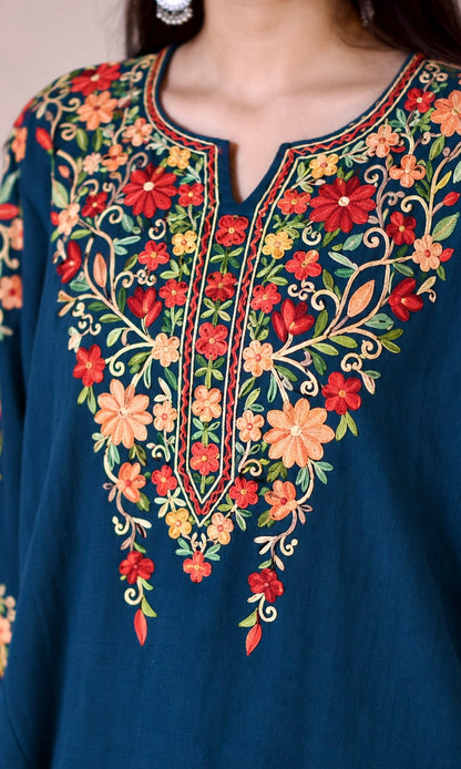 Blue Ember Aari Embroidered Fine Cashmilon Pheran