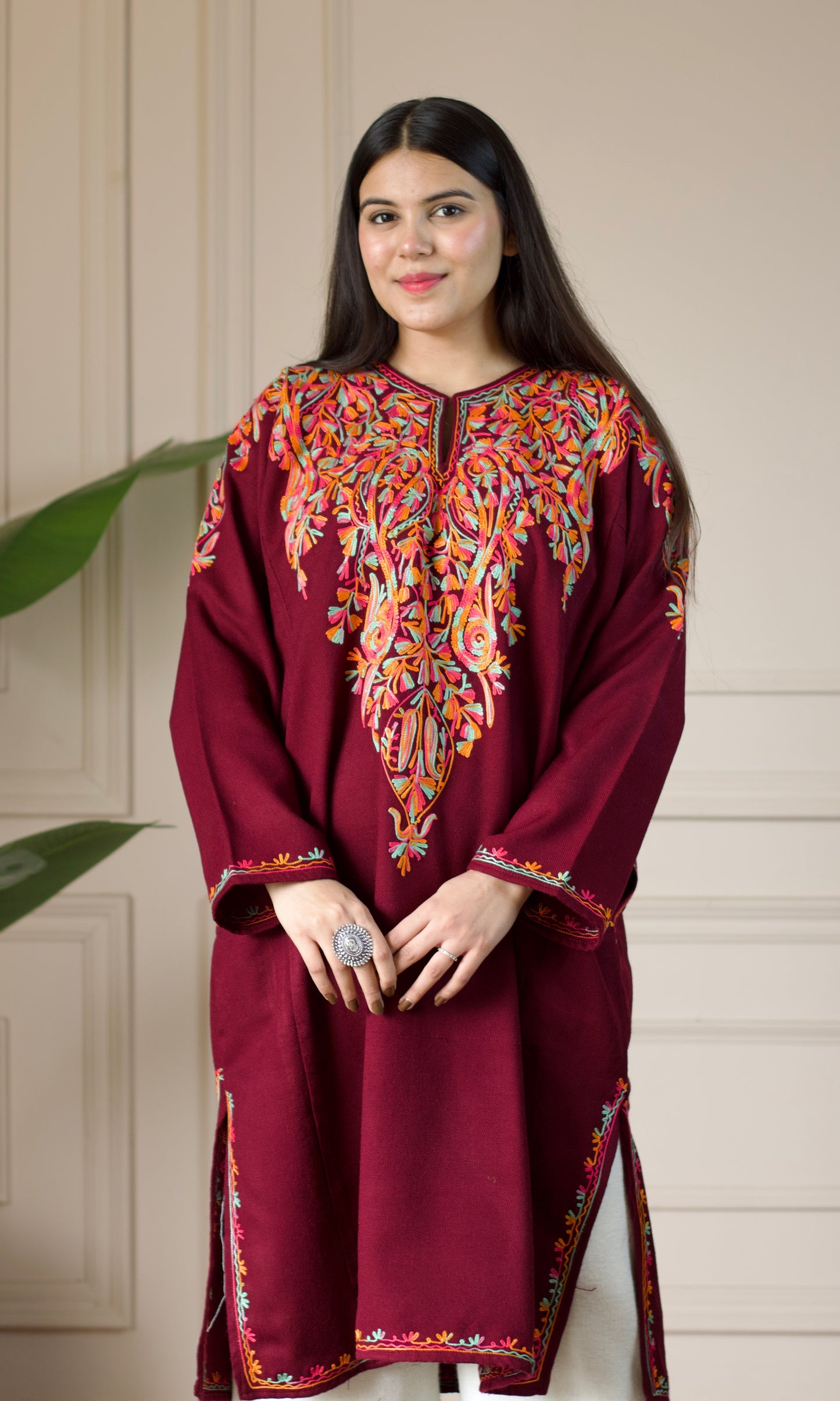 Deep Wine Multi Bloom Aari Embroidered Fine Cashmilon Pheran