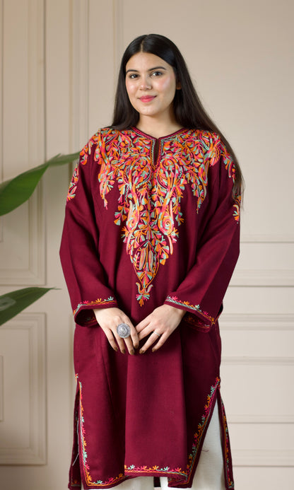 Deep Wine Multi Bloom Aari Embroidered Fine Cashmilon Pheran