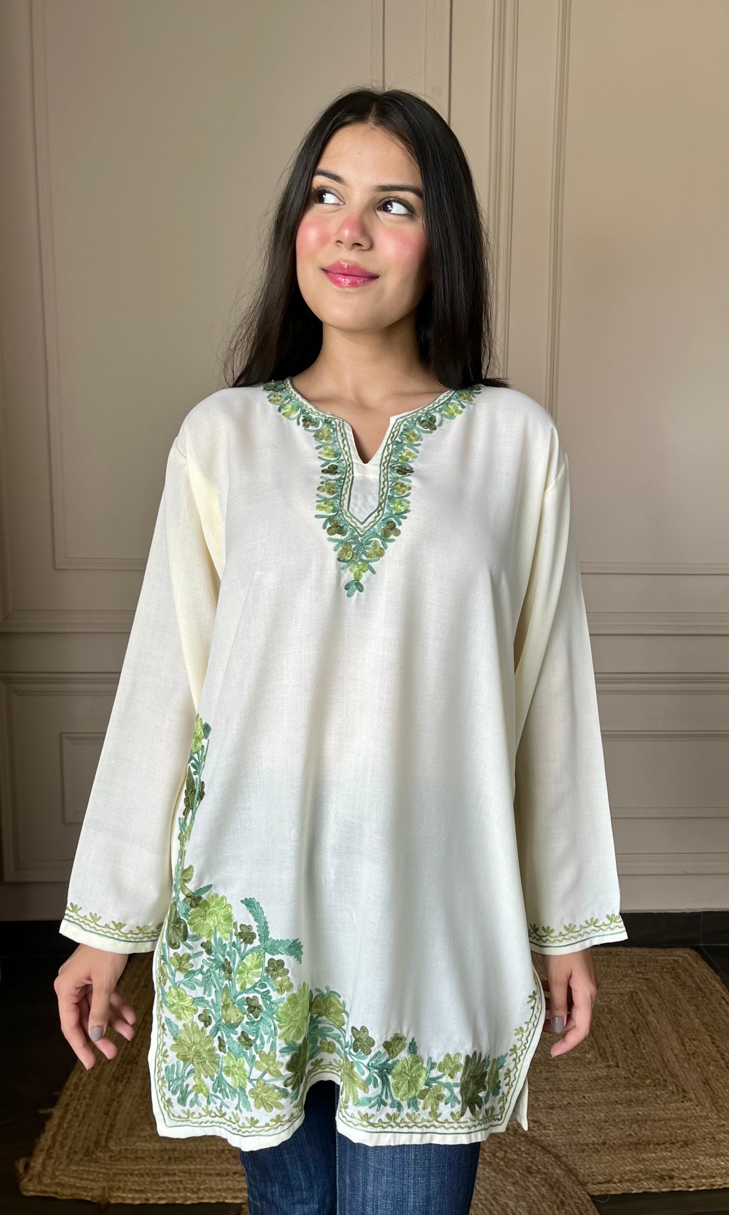 Green Aari Embroidered Off White Short Kurti