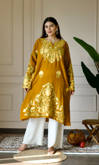 Mustard Aari Embroidered Wool Pheran