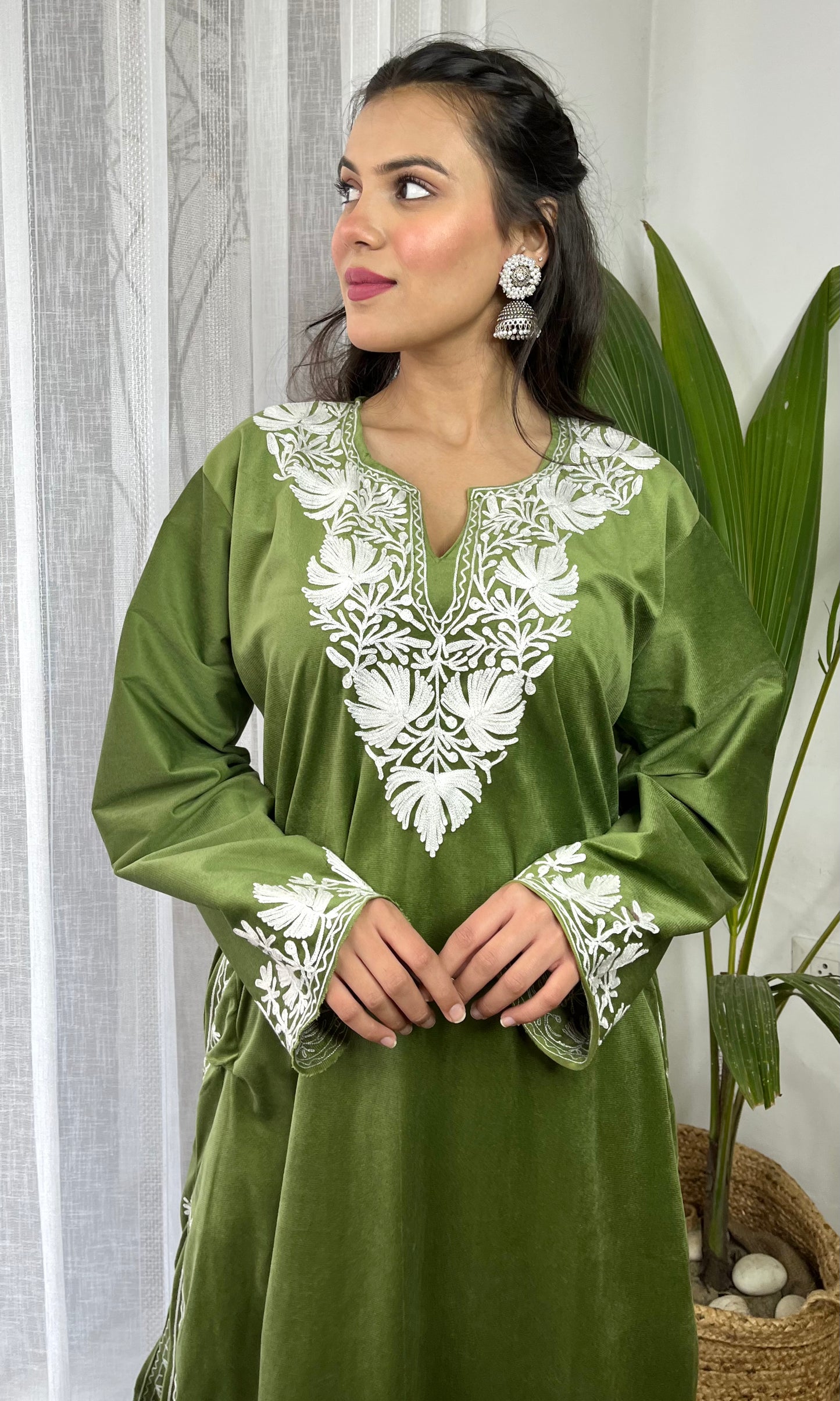 Light Green Aari Embroidered Kashmiri Velvet Suit