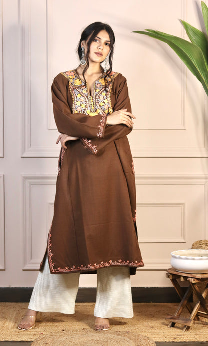 Chocolate Brown Aari Embroidered Fine Cashmilon Pheran