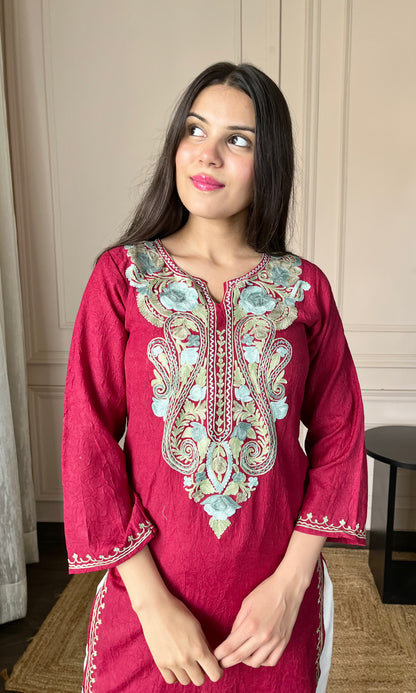 Maroon Aari Embroidered Crushed Cotton Kurti