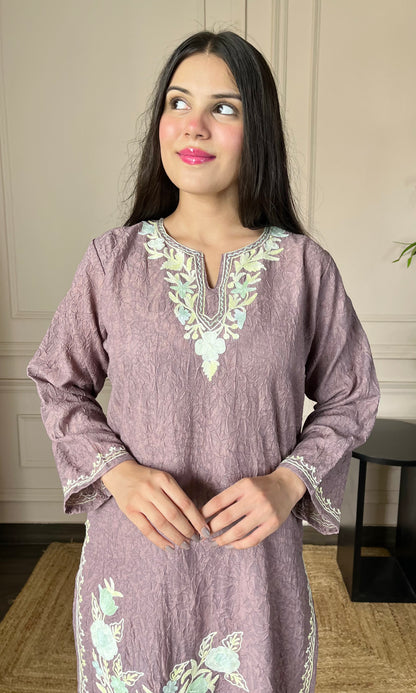 Mauve Aari Embroidered Crushed Cotton Kurti