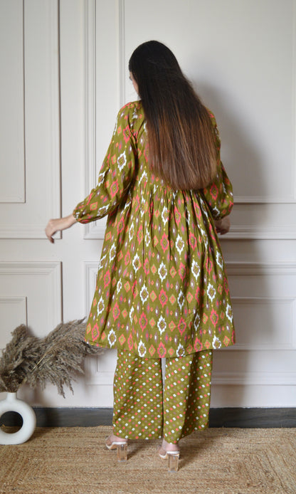 Olive Green Printed Flared Kurta with Pants