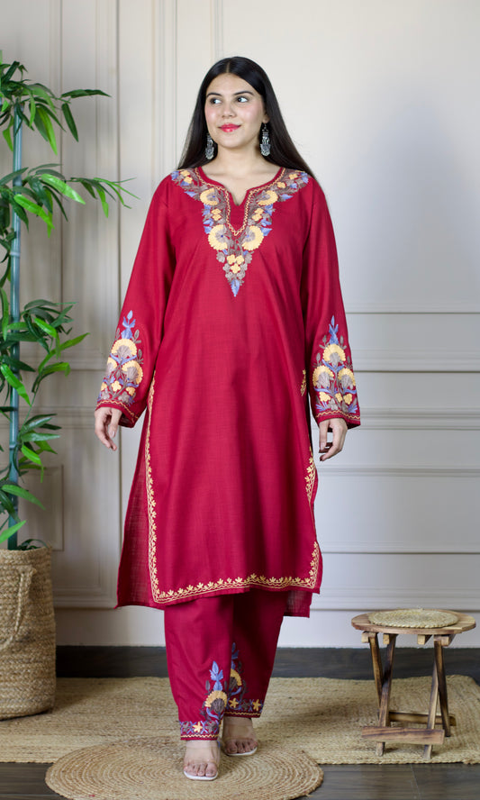 Maroon Aari Embroidered Cotton Co-ord Set