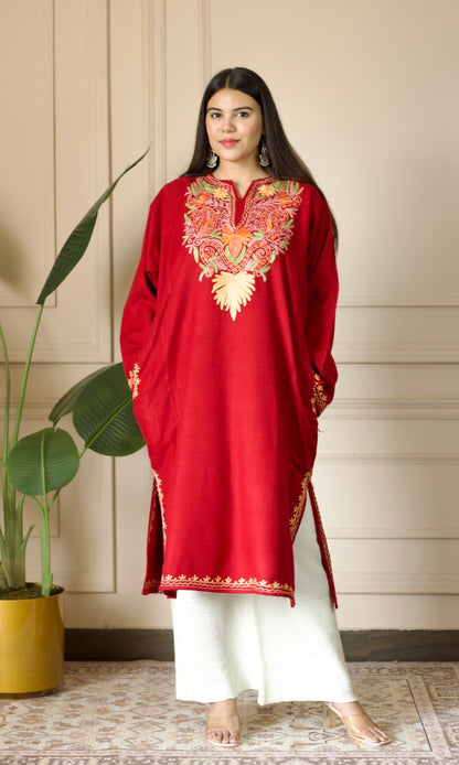 Ruby Flame  Aari Embroidered Fine Cashmilon Pheran