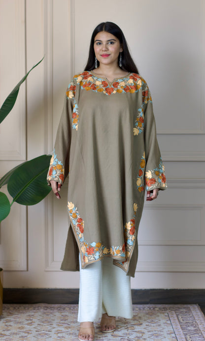 Beige Aari Embroidered Wool Pheran