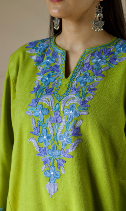 Lime Bloom Blue Aari Embroidered Fine Cashmilon Pheran