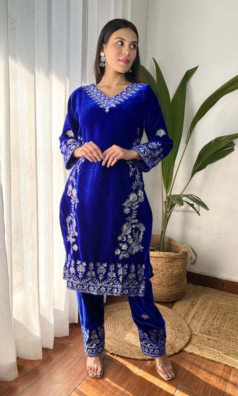 Blue Velvet Suit with Flowing Dupatta