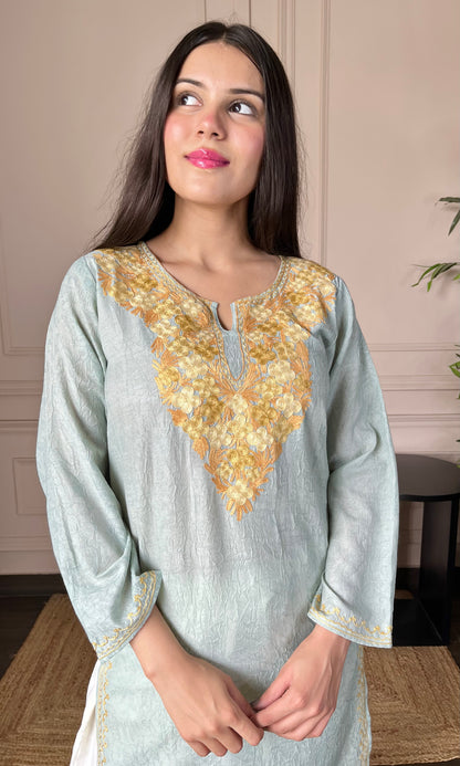 Light sea green Aari Embroidered Crushed Cotton Kurti