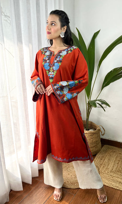 Rustic Charm Blue Aari Embroidered Fine Cashmilon Pheran