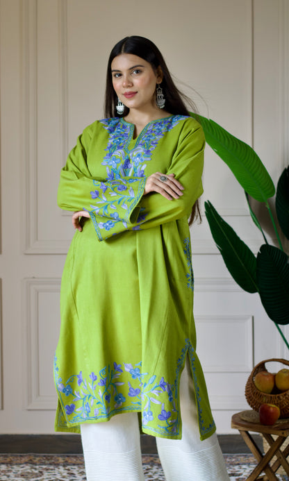 Lime Bloom Blue Aari Embroidered Fine Cashmilon Pheran