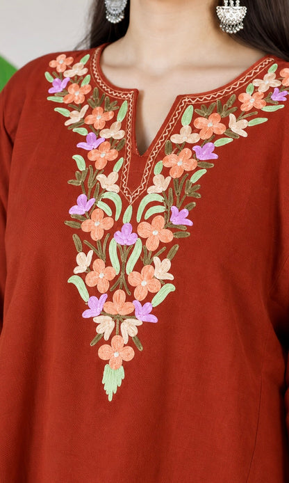 Rust Peach Blossom Aari Embroidered Fine Cashmilon Pheran