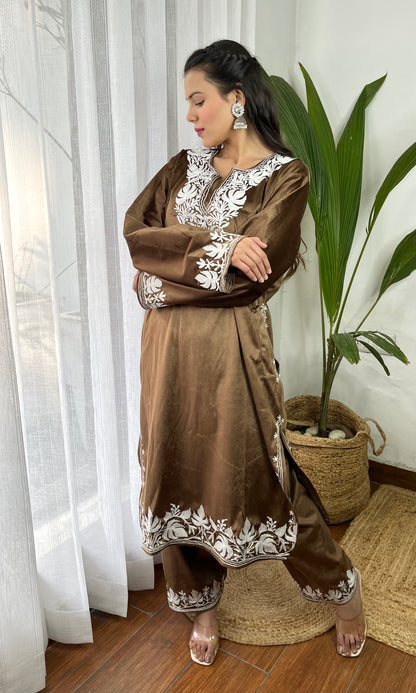 Brown Aari Embroidered Kashmiri Velvet Suit