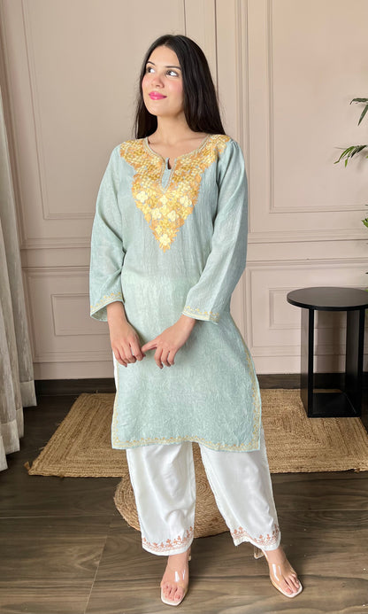 Light sea green Aari Embroidered Crushed Cotton Kurti