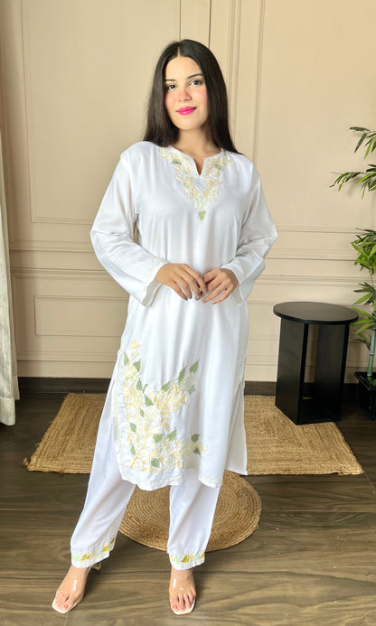 Basic White Aari Embroidered Cotton Co-ord Set