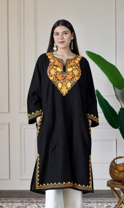 Ember Bloom Black Aari Embroidered Fine Cashmilon Pheran