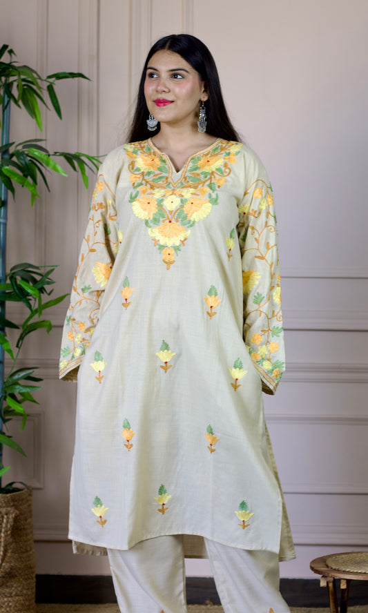 Beige Aari Embroidered Cotton Co-ord Set