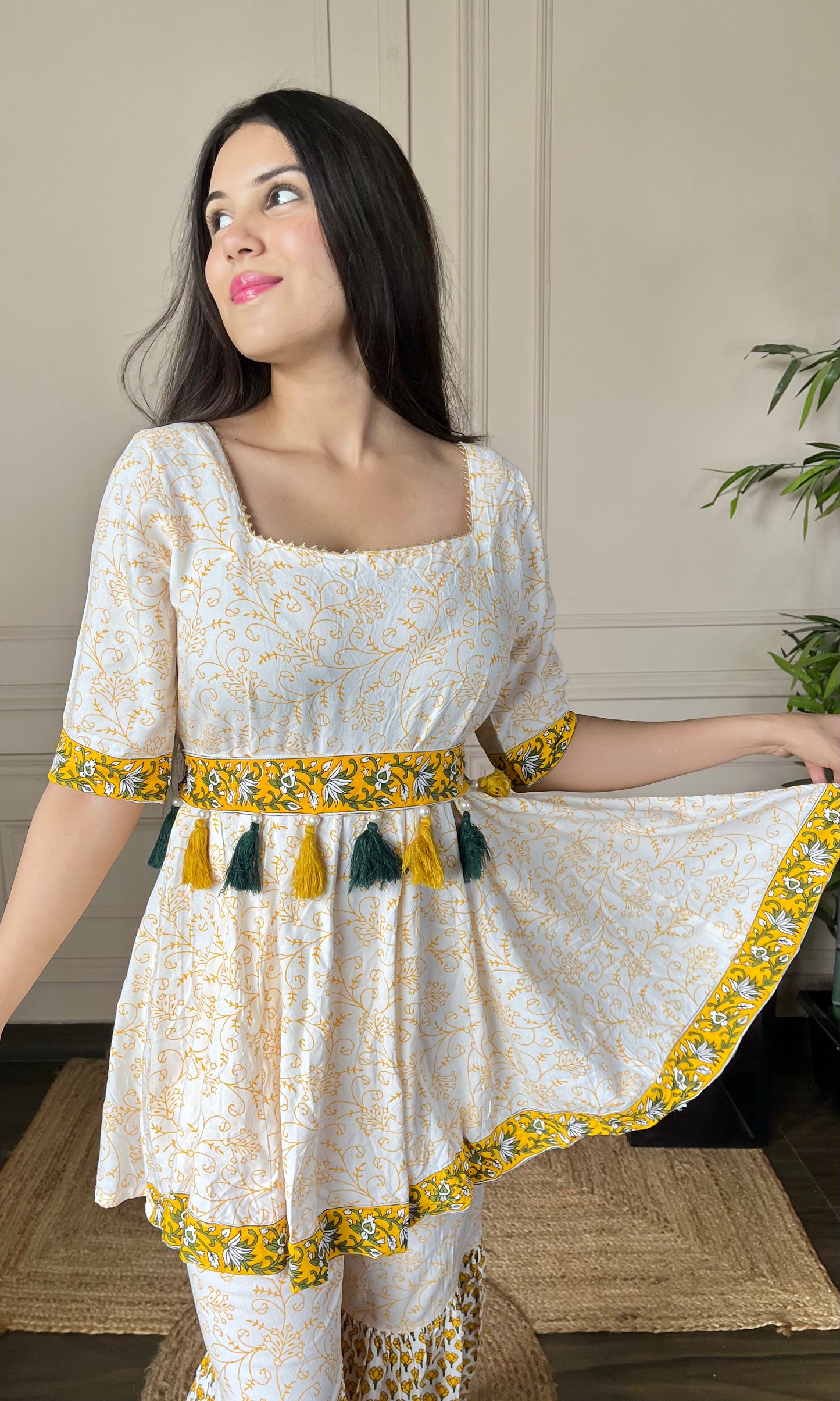 Yellow Printed Cotton Sharara Set With Belt