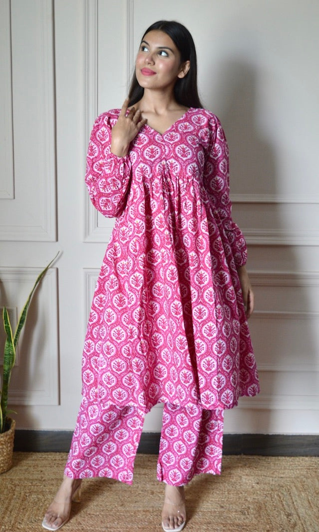 Pink Printed Flared Kurta with Pants