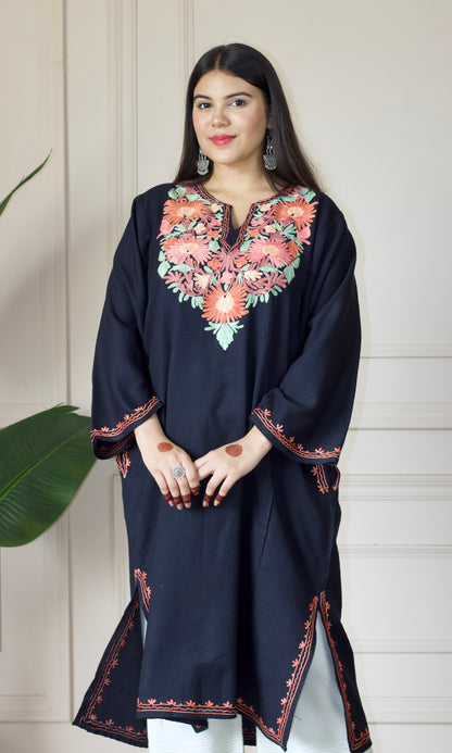 Floral Glow Aari Embroidered Black Fine Cashmilon Pheran