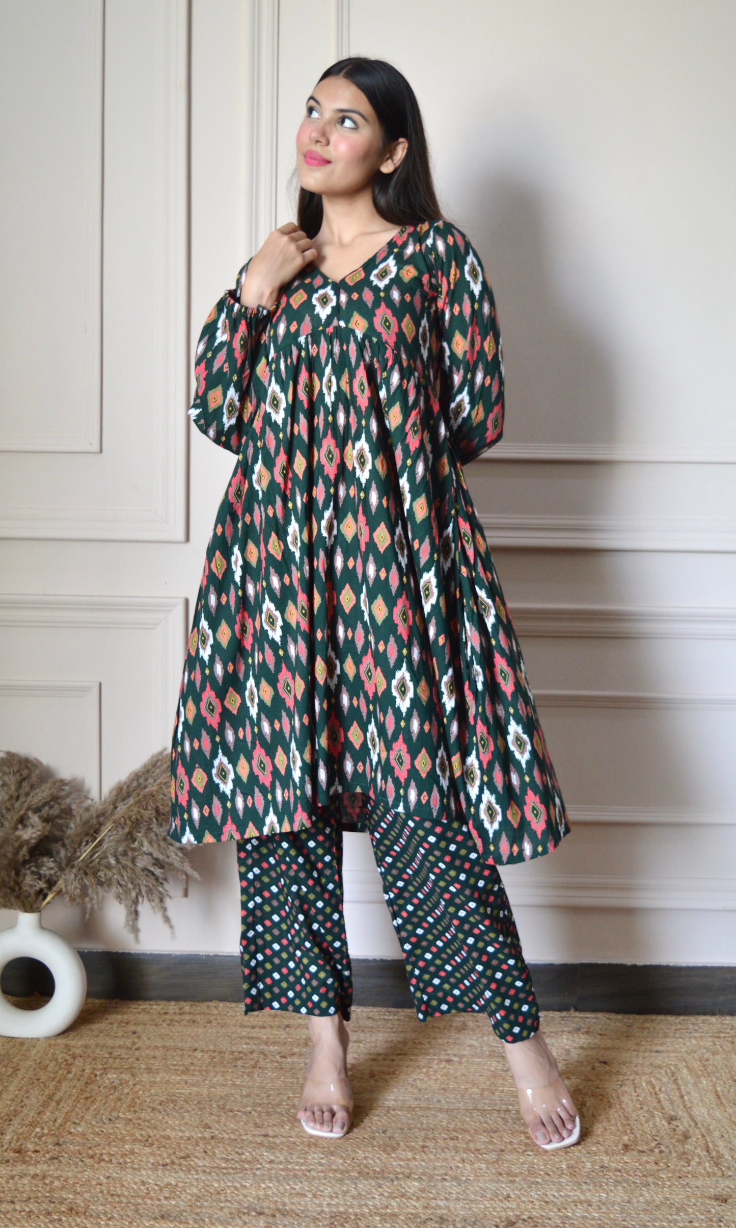 Bottle Green Printed Flared Kurta with Pants