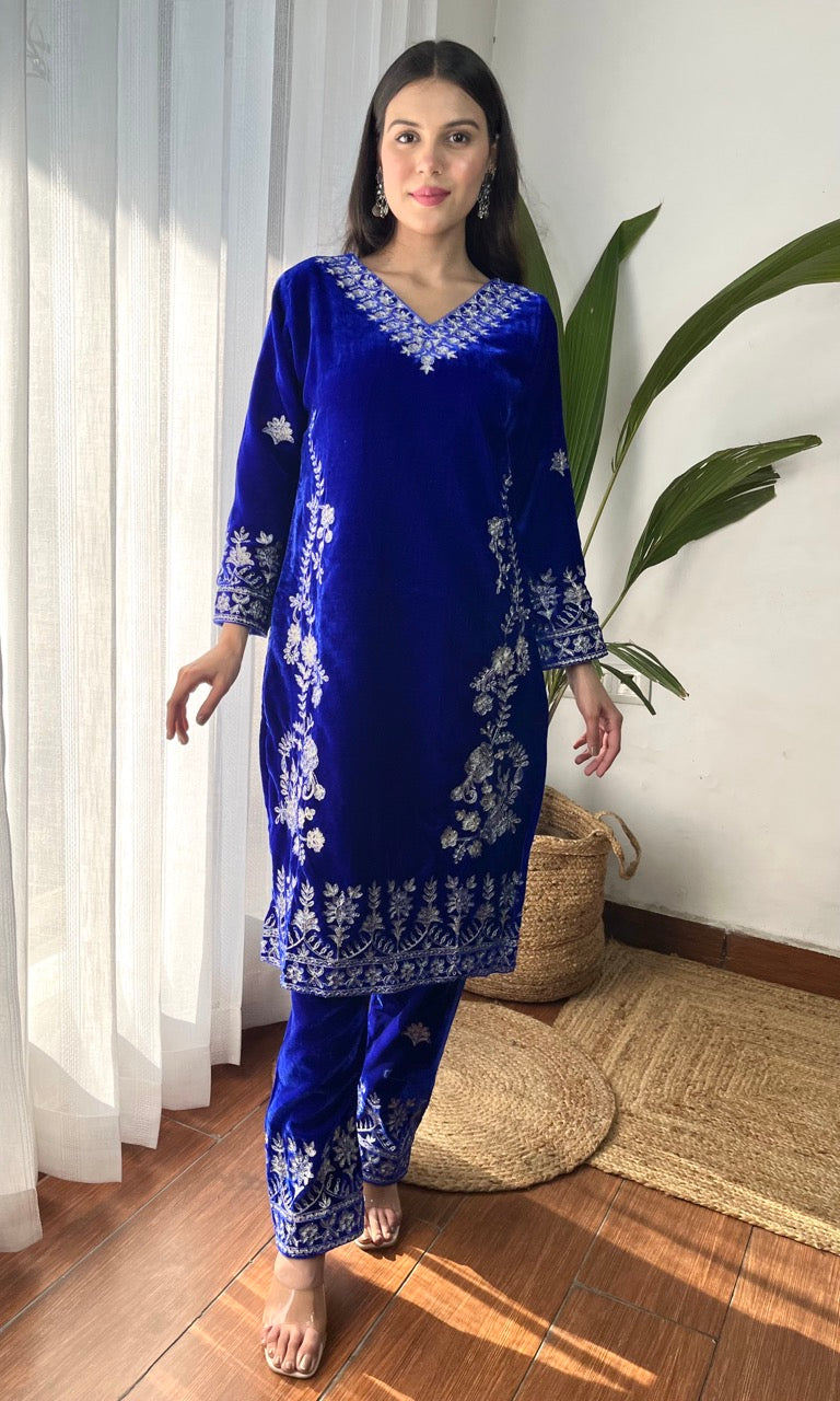 Blue Velvet Suit with Flowing Dupatta