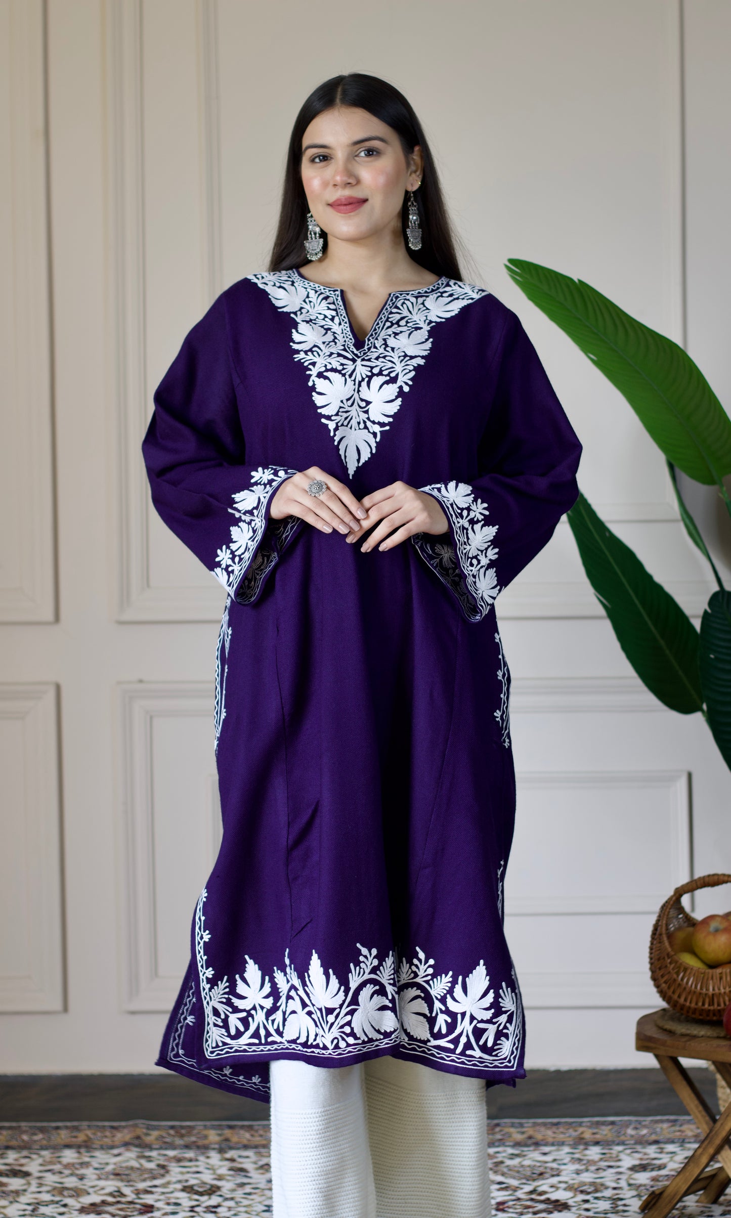 Navy Blue Cashmilon Pheran with White Aari Embroidery