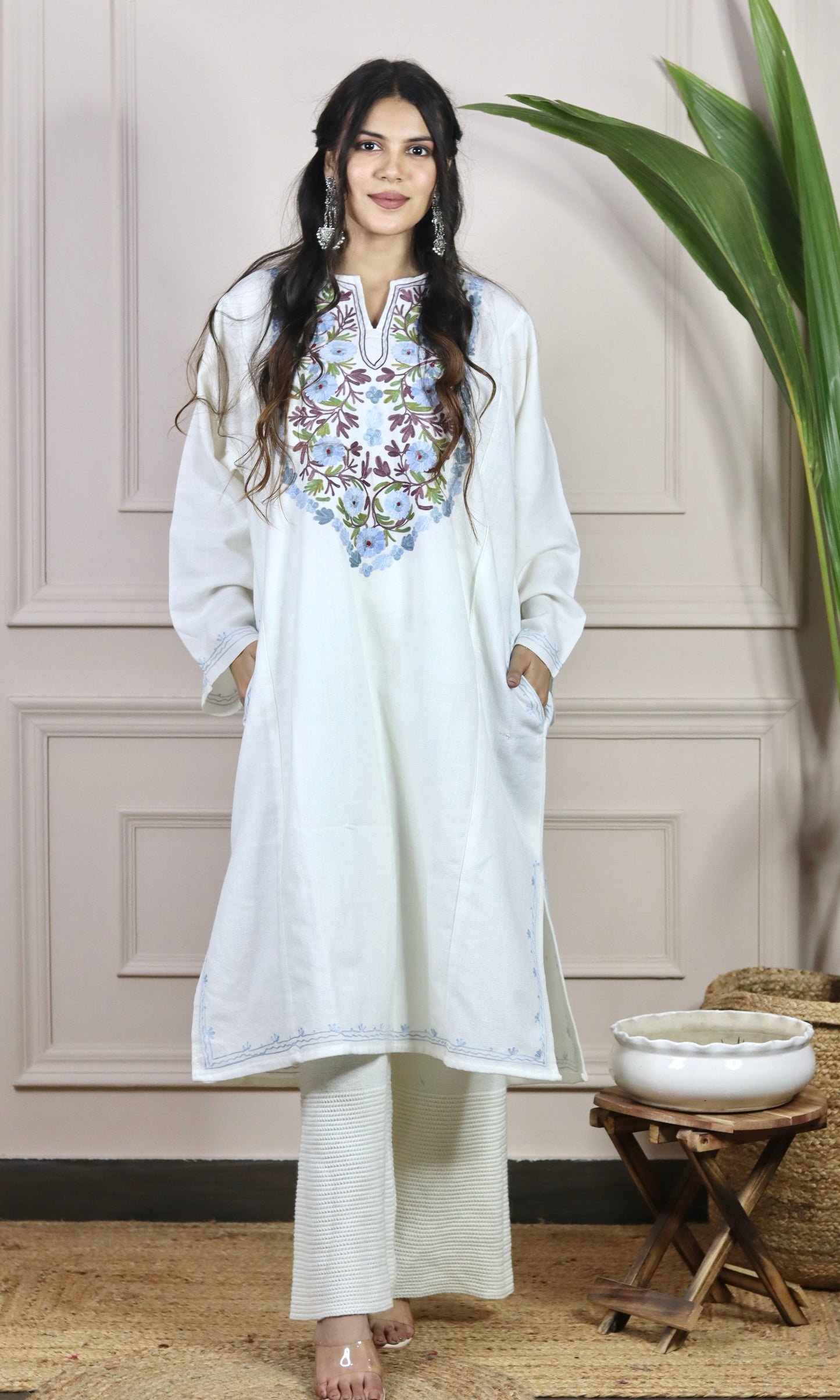 Sapphire Sky White Aari Embroidered Fine Cashmilon Pheran