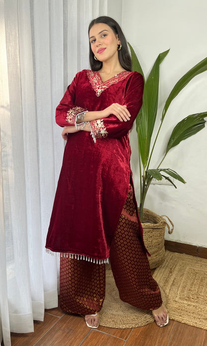 Wine Velvet Suit with Flowing Dupatta